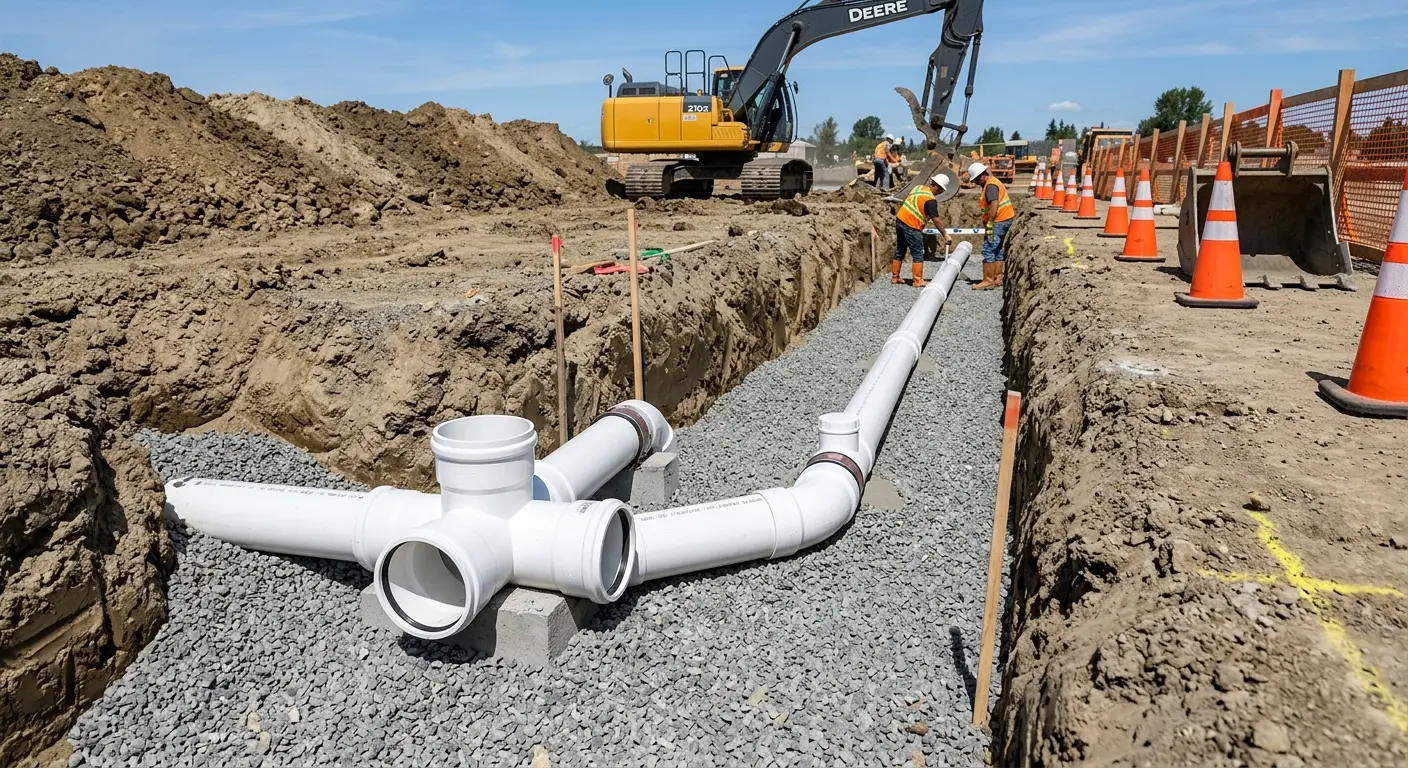 New PVC sewer pipe installation in open trench for Grease Trap Cleaning in Winter Garden