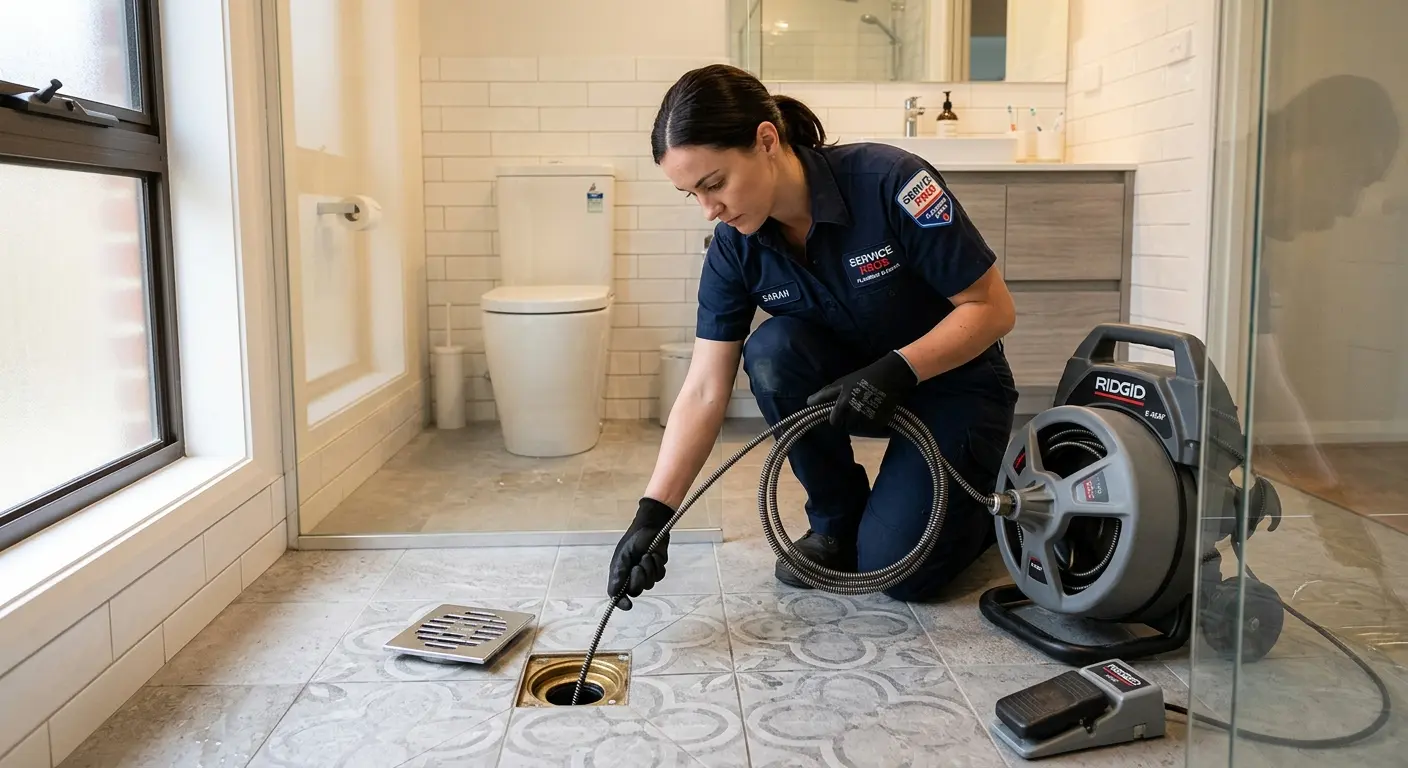 Technician clearing a bathroom floor drain for Sewer Line Installation in Winter Garden